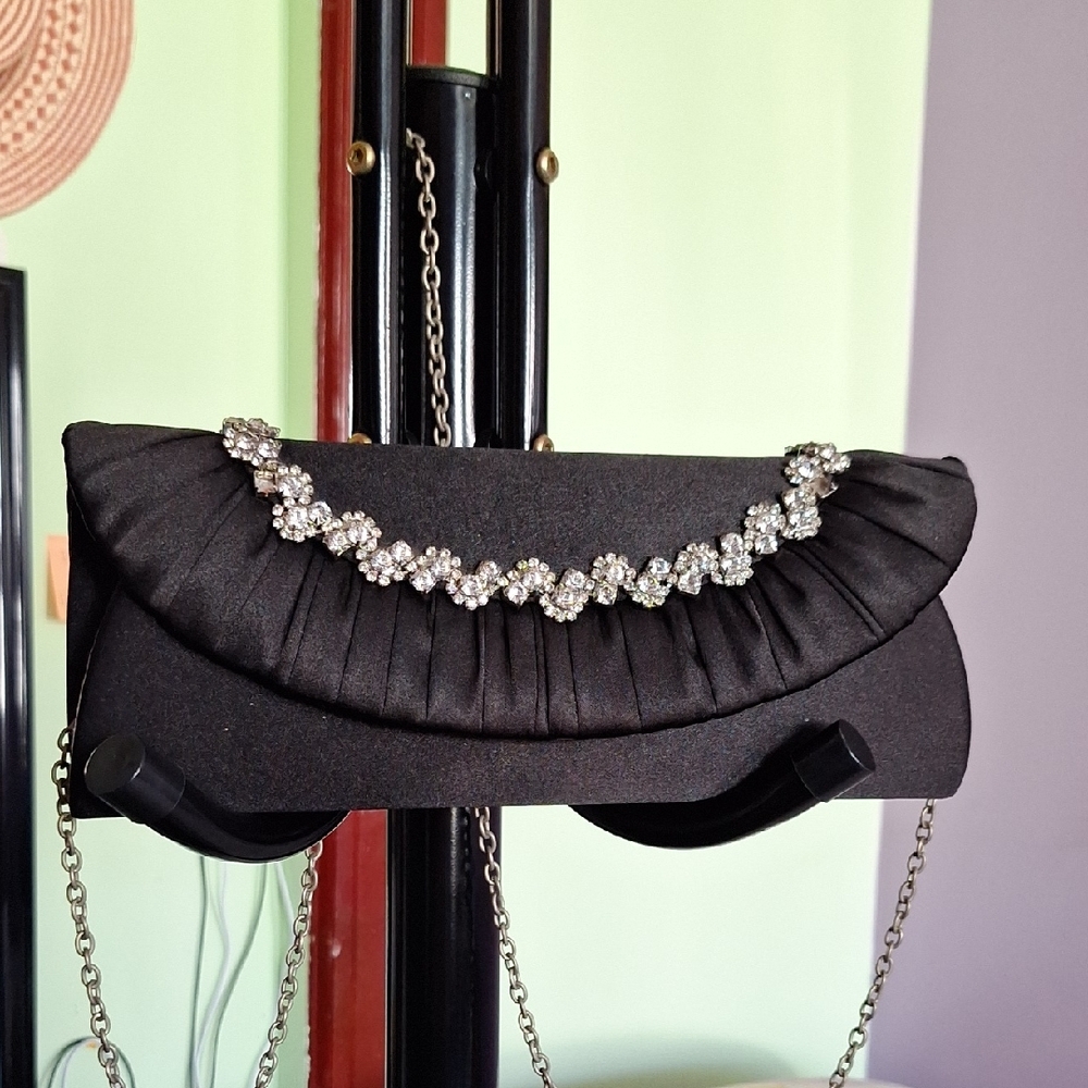 Black Satin Clutch with Crystal Embellishments